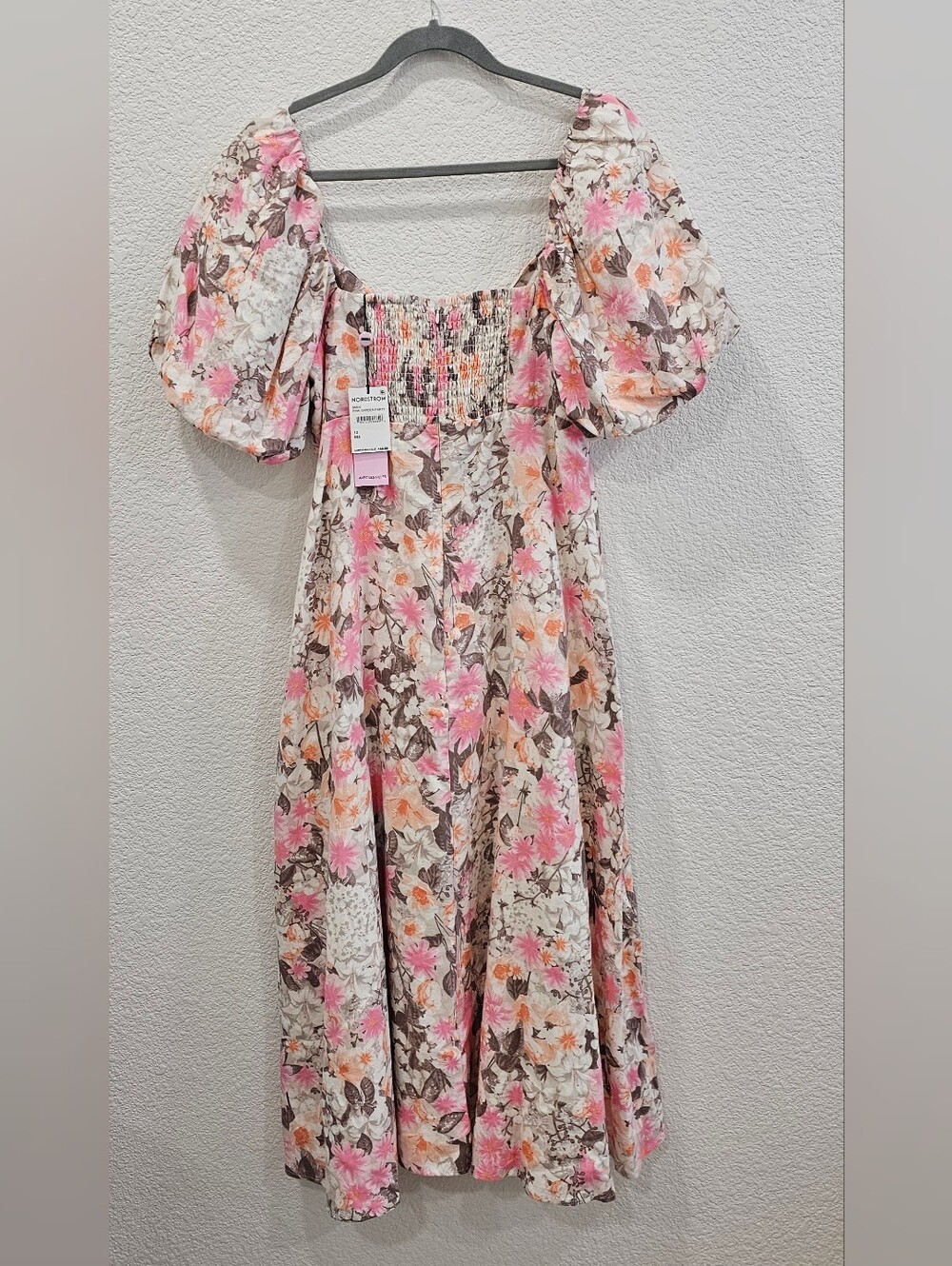 Avec Les Filles Pink Floral Linen Blend Puff Sleeve Midi Dress NWT Size 12
